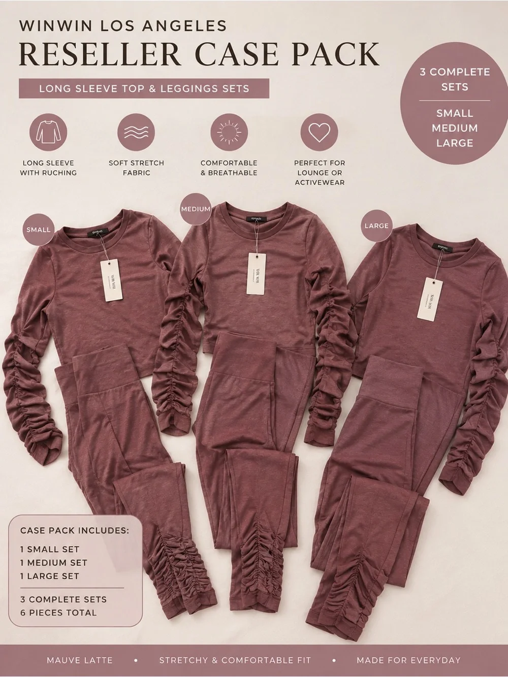 WinWin Los Angeles Mauve Ruched Top & Leggings Reseller Case Pack S, M, L, NWT